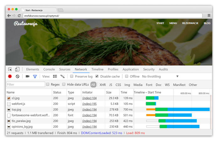 Podgląd sieci w  narzędziu developerskim