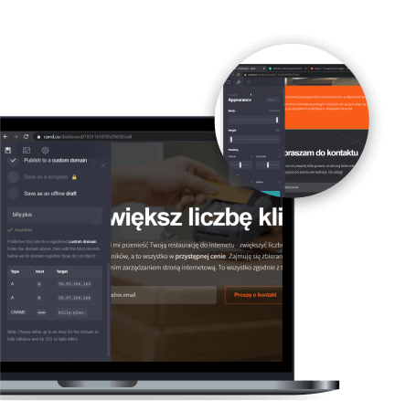 Tworzenie zaawansowanych funkcjonalności m.in. płatności i galerii, a nawet zapisu do newslettera i statystyk.