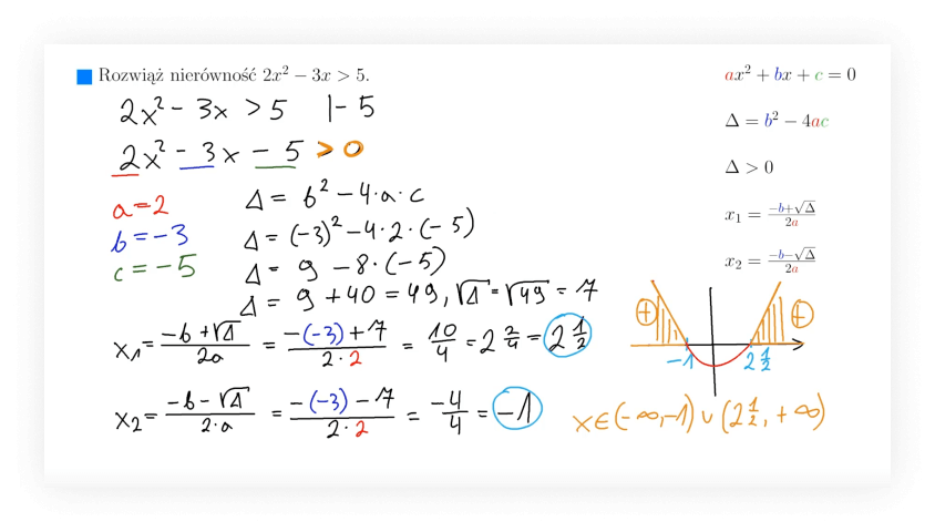 Opanuj rozwiązywanie zadań z nierówności liniowych oraz nierówności kwadratowych z deltą dodatnią, ujemną i równą zero