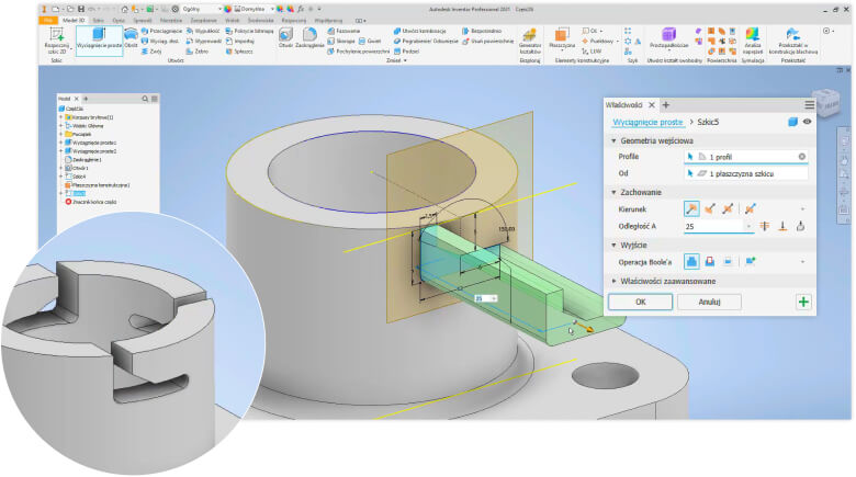 Interfejs i najważniejsze funkcje programu Autodesk Inventor Professional przedstawione na praktycznym projekcie.
