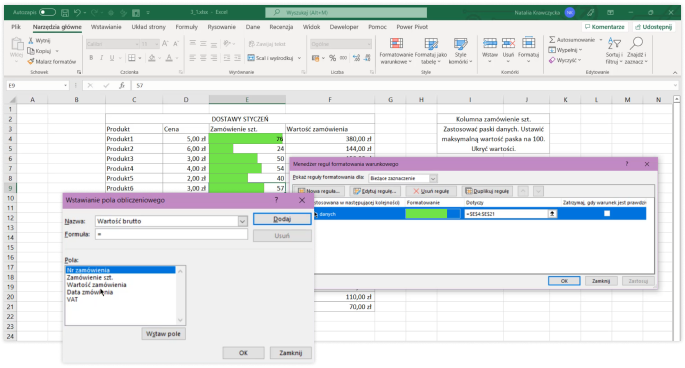 Graficzne przedstawienie arkusza kalkulacyjnego podczas pracy