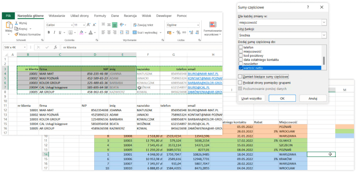 Generowanie raportów i podsumowań dzięki zastosowaniu tabel przestawnych.