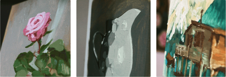 Prace wykonane podczas szkolenia, róża, dzban, domke nad jeziorem.