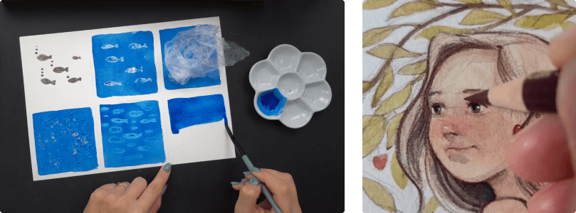 Prace wykonane podczas szkolenia, róża, dzban, domke nad jeziorem.